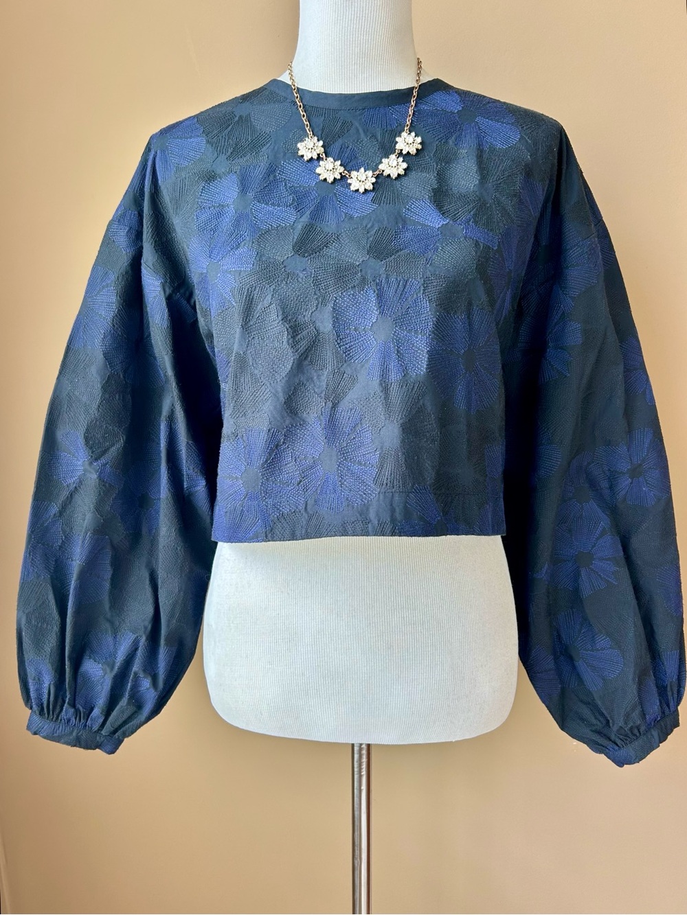Merlette Embroidered Puff Sleeve Peasant Top Jacket Cotton Blue Black Size M